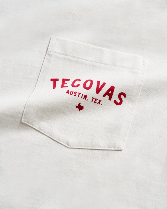 Closeup detail view of Men's Fine Makers Pocket Tee - Bone / Red