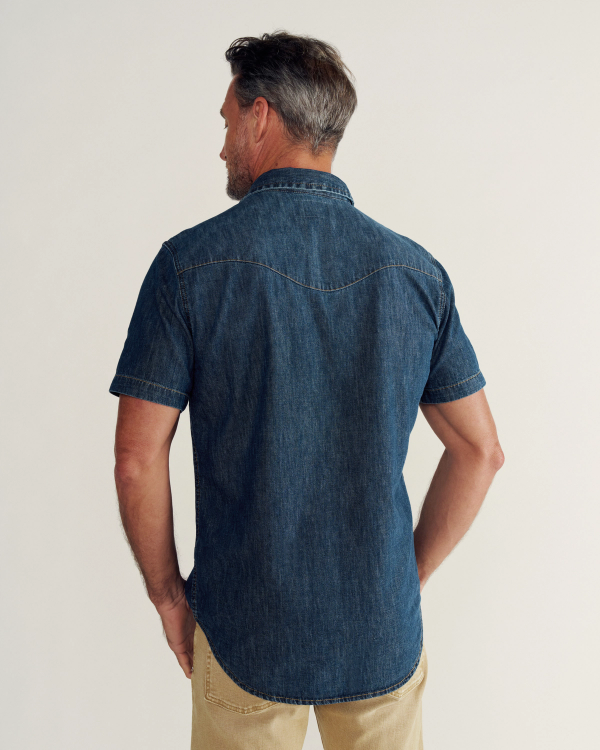 Closeup detail view of Men's Denim Short Sleeve Pearl Snap - Dark Wash
