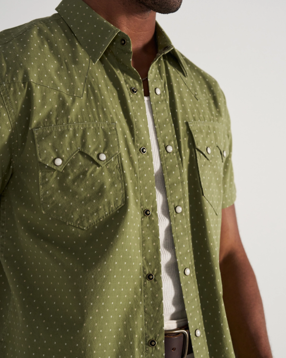 Closeup detail view of Men's Star Stitch Pearl Snap - Sage