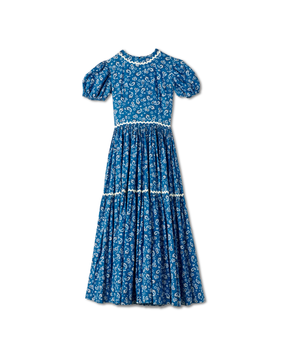 View of Tecovas x Cathy Hahn Vintage Paisley Maxi Dress - Royal Blue / White