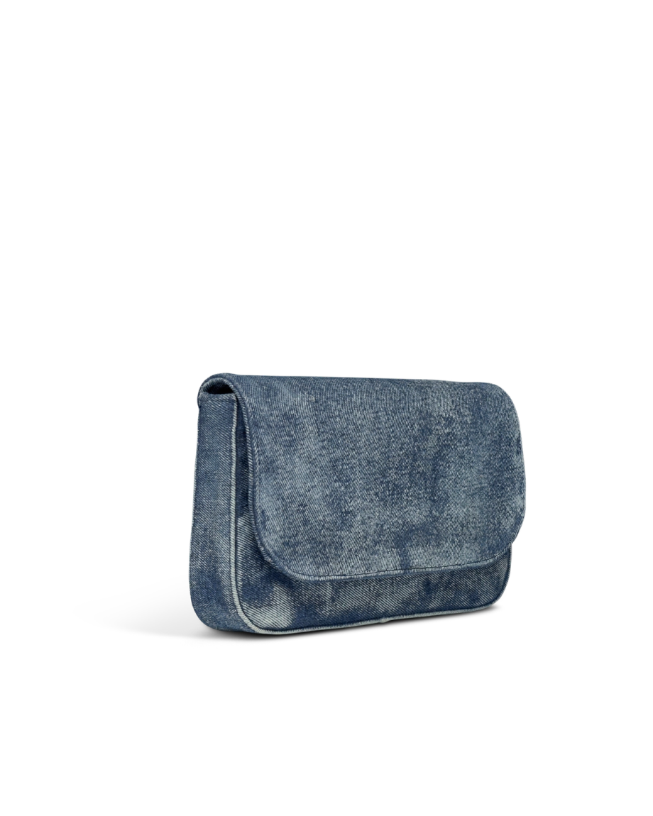 Quarterfront view of Denim Shoulder Bag - Medium Wash on plain background