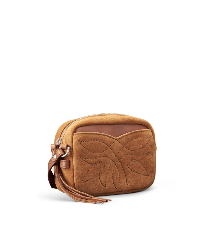 Quarterfront view of Flower Mini Crossbody - Cashew on plain background