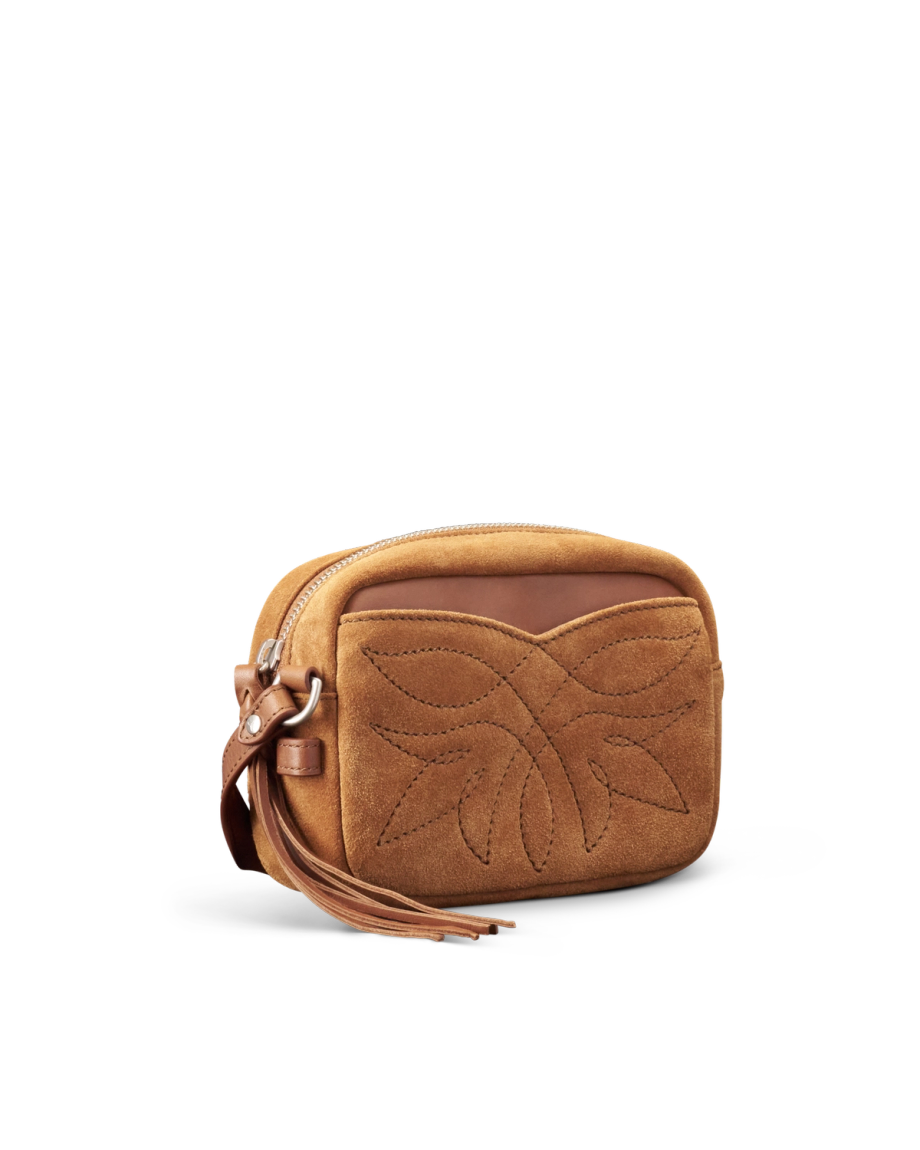Quarterfront view of Flower Mini Crossbody - Cashew on plain background