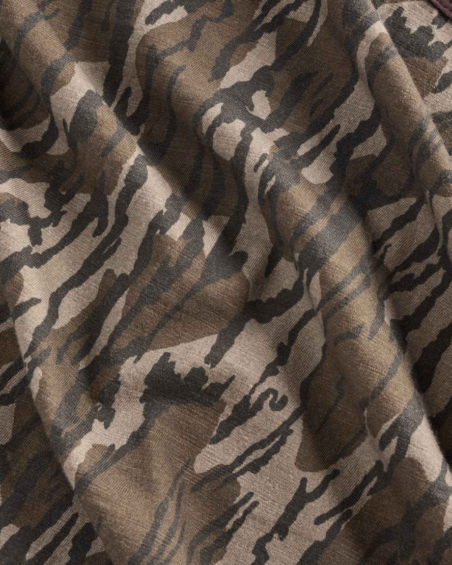 Closeup view of Women's Tecovas x Mossy Oak Ringer Tee - Original Bottomland