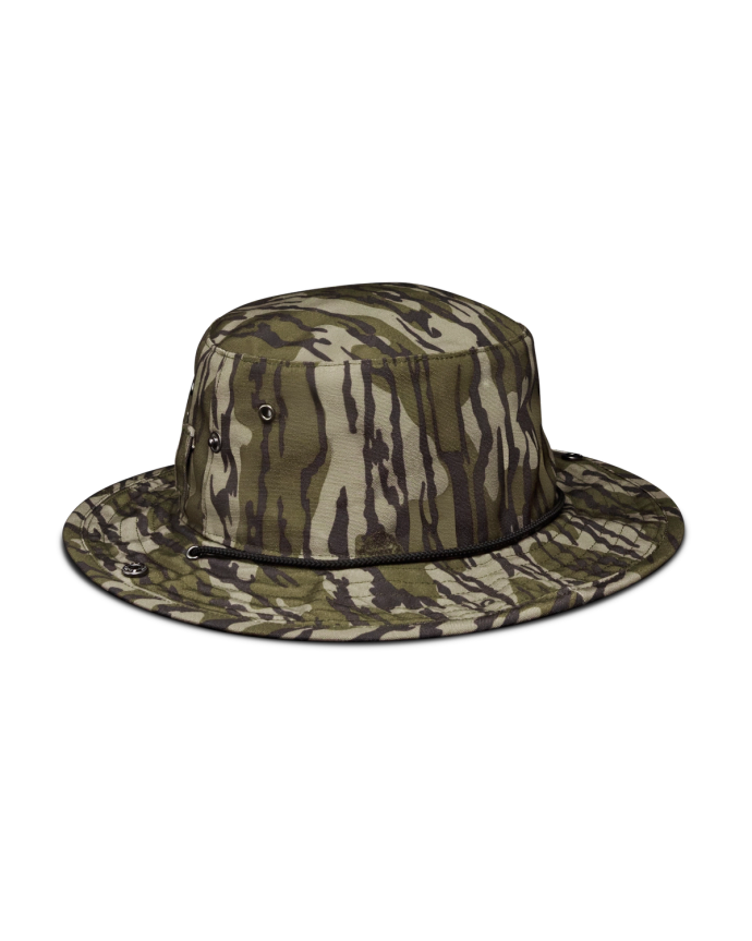 Quarterback view of Tecovas x Mossy Oak Boonie Hat - MO Original Bottomland on plain background