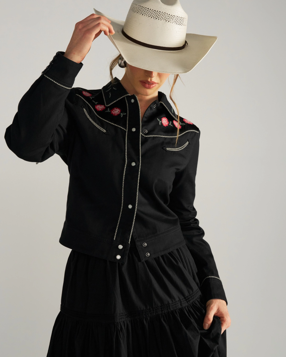 Front view of Women's Embroidered Dolly Jacket - Black on model