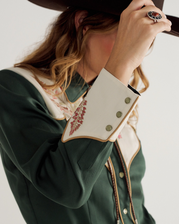 Closeup view of Women's Tecovas X H Bar C Birthday X Shirt - Green