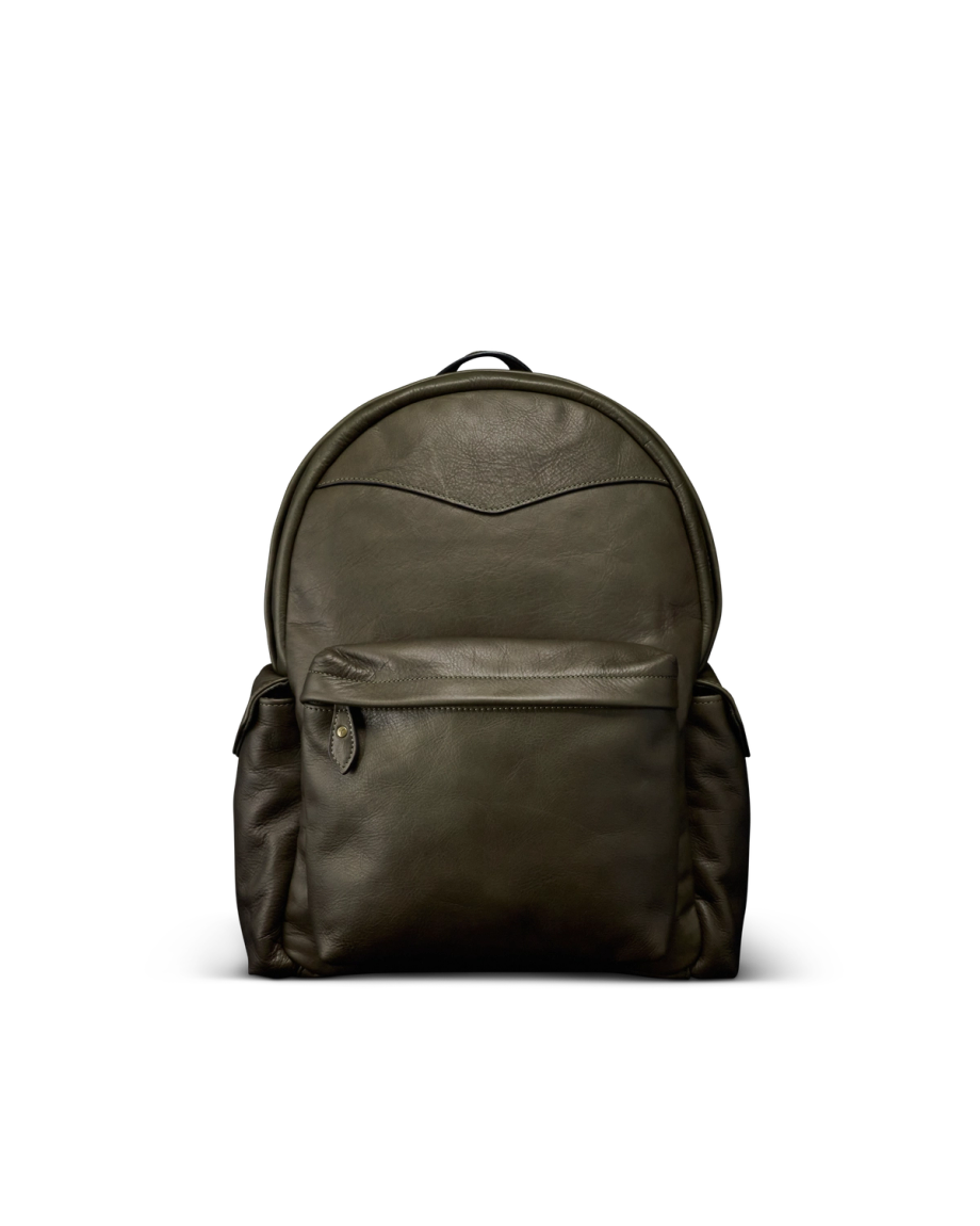 Front view of Men's Leather Backpack - Dark Olive on plain background