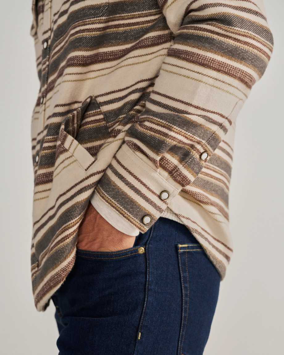 Closeup view of Men's Blanket CPO Shacket - Khaki / Multi