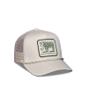 Quarterfront view of Soco Patch Five-Panel Trucker - Cream on plain background