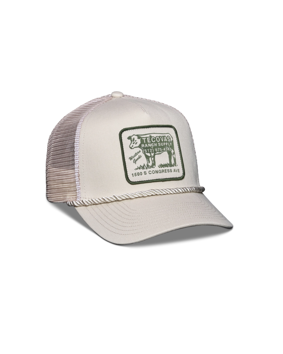 Quarterfront view of Soco Patch Five-Panel Trucker - Cream on plain background