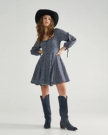 Full view of Women's L/S Mini Dress - Navy / Bone on model