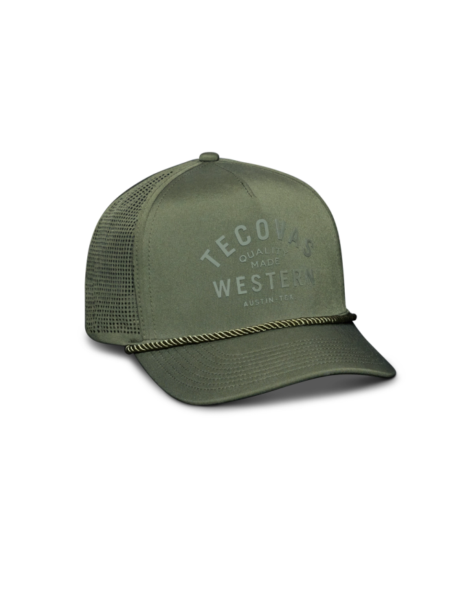 A green Tecovas Western cap with "Austin, TX" text, featuring a mesh back and a braided rope across the front.