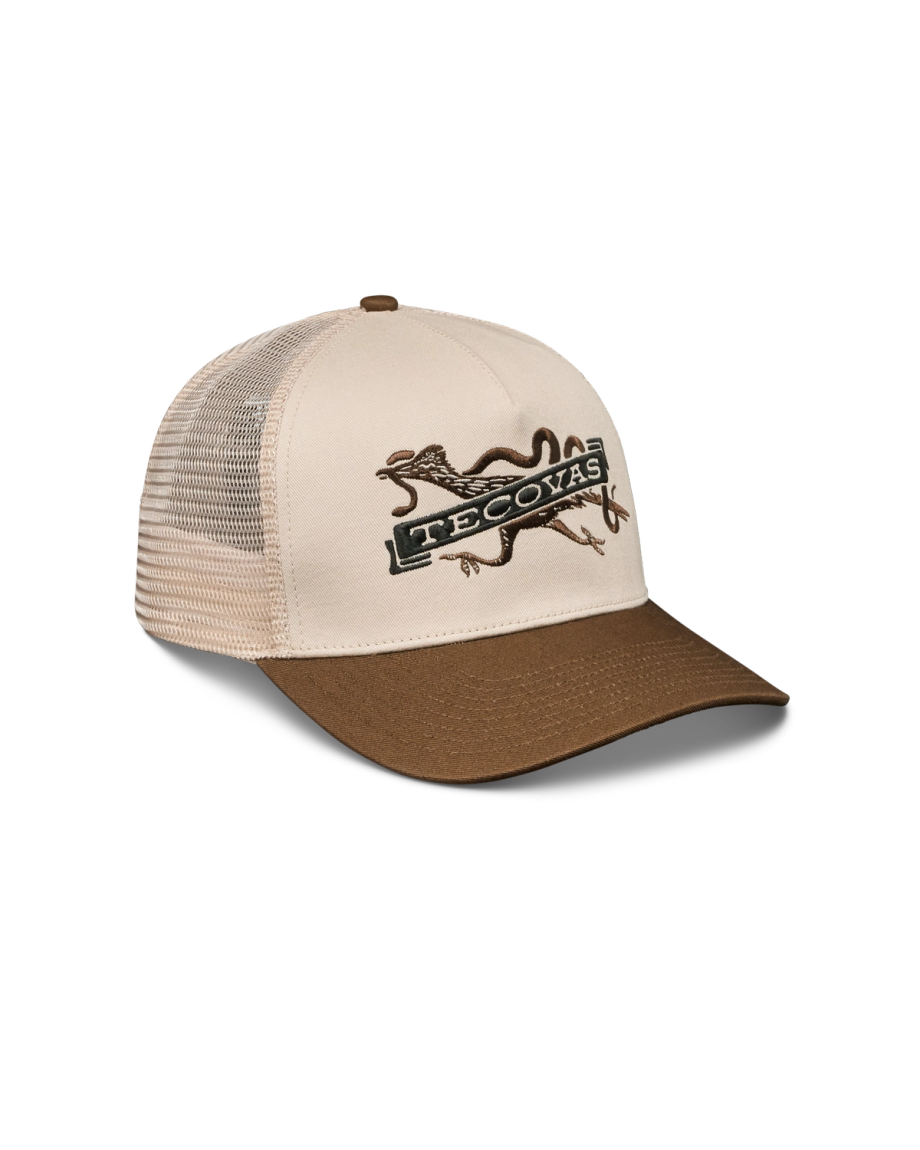 Quarterfront view of Roadrunner Trucker - Cream/Tan on plain background