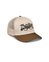 Quarterfront view of Roadrunner Trucker - Cream/Tan on plain background