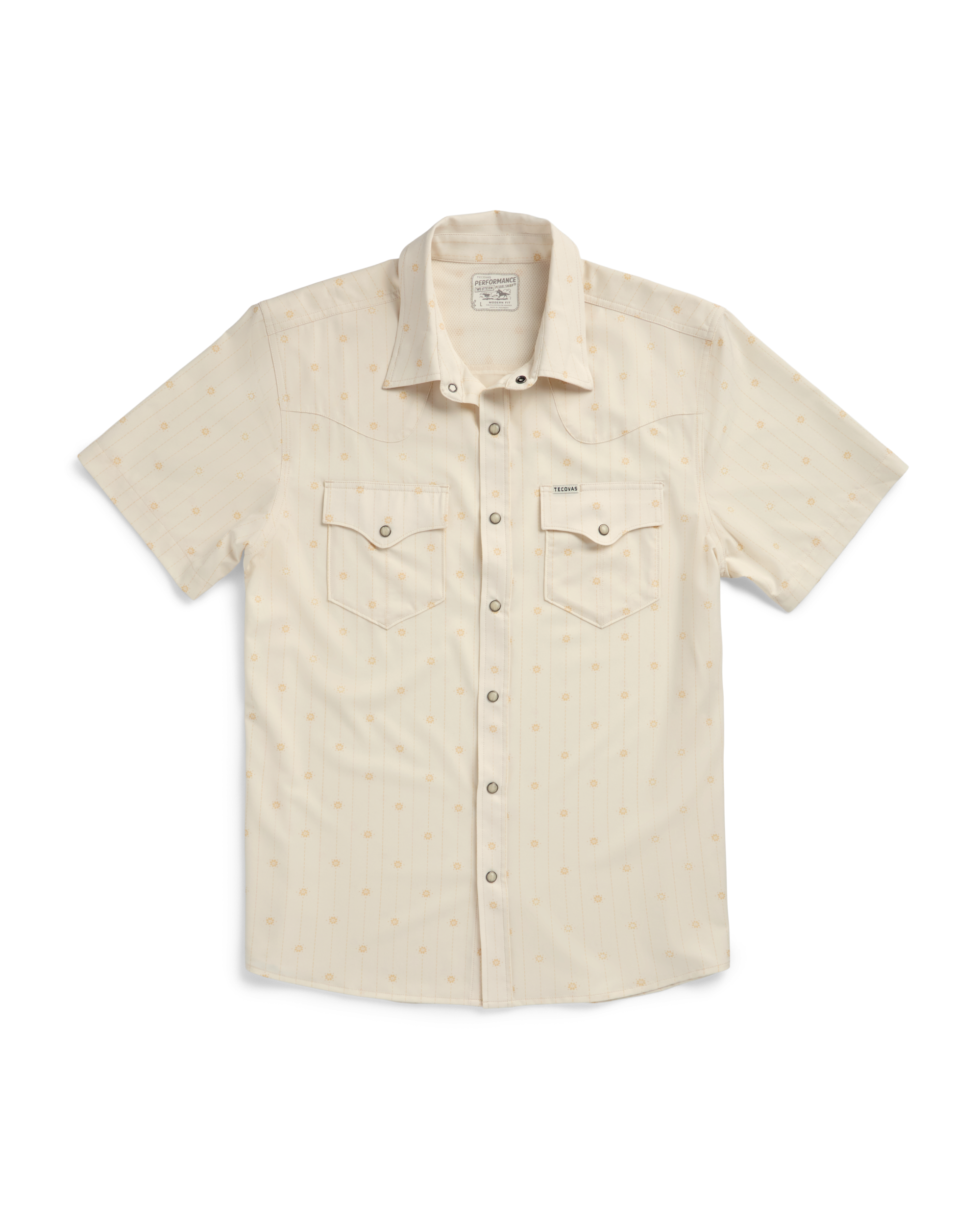 Closeup detail view of Men's Performance Western Short Sleeve Pearl Snap - Light Sand/Multi