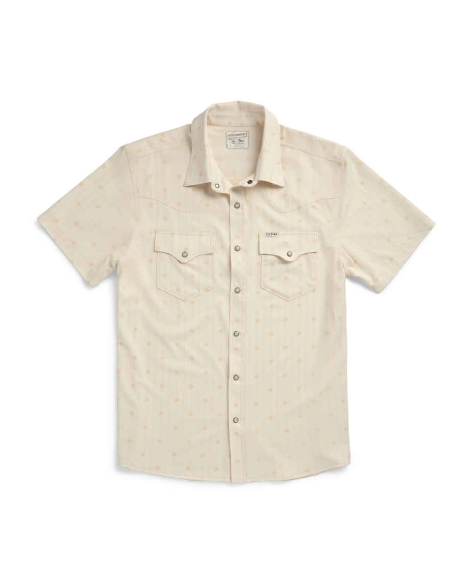 Closeup detail view of Men's Performance Western Short Sleeve Pearl Snap - Light Sand/Multi