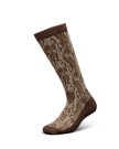 A single brown and beige camouflage-patterned crew sock displayed upright on a plain white background.