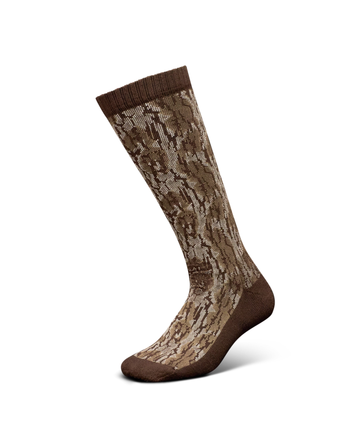 A single brown and beige camouflage-patterned crew sock displayed upright on a plain white background.