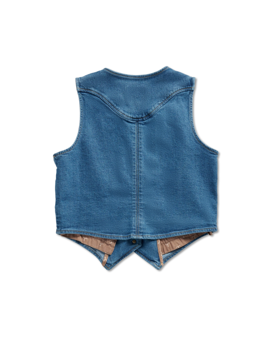 Back view of Tecovas x Cathy Han Women’s Custom Denim Vest - Medium Wash on plain background