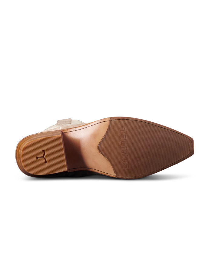 The image shows the sole of a brown leather shoe with a small heel and a textured grip pattern.