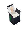 A black candle box is open, revealing a white candle and a small matchbox inside.