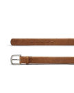 A brown leather belt with a silver rectangular buckle and multiple adjustment holes, displayed on a white background.