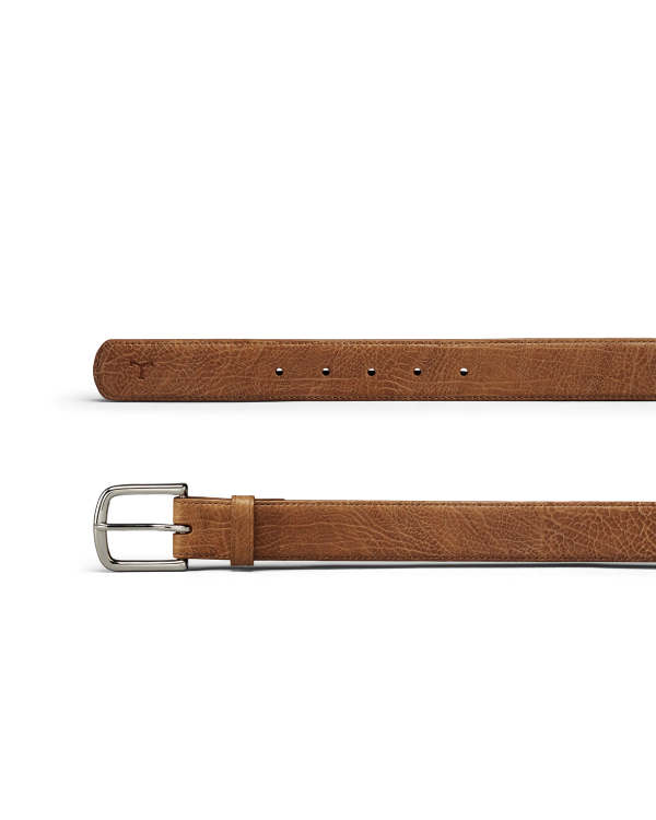 A brown leather belt with a silver rectangular buckle and multiple adjustment holes, displayed on a white background.