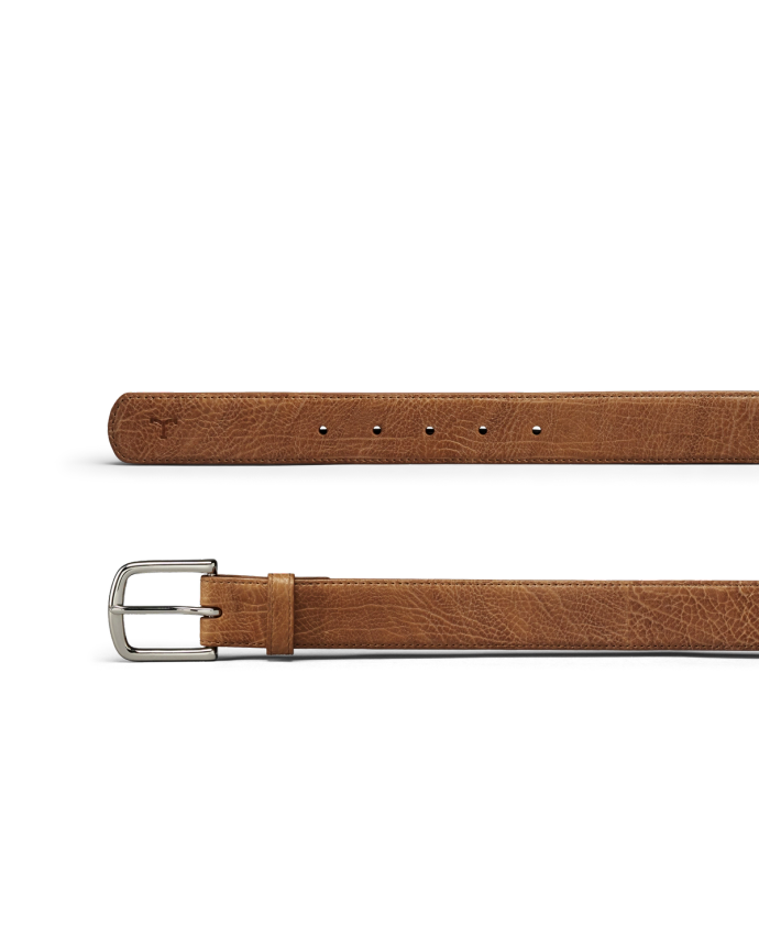 A brown leather belt with a silver rectangular buckle and multiple adjustment holes, displayed on a white background.