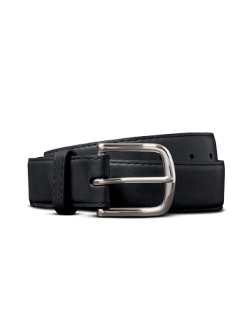A black leather belt with a shiny silver buckle, coiled neatly against a plain black background.
