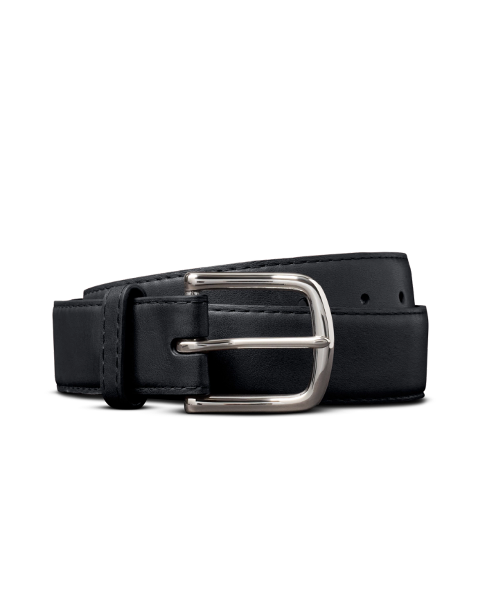 A black leather belt with a shiny silver buckle, coiled neatly against a plain black background.