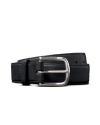 A black leather belt with a shiny silver buckle, coiled neatly against a plain black background.