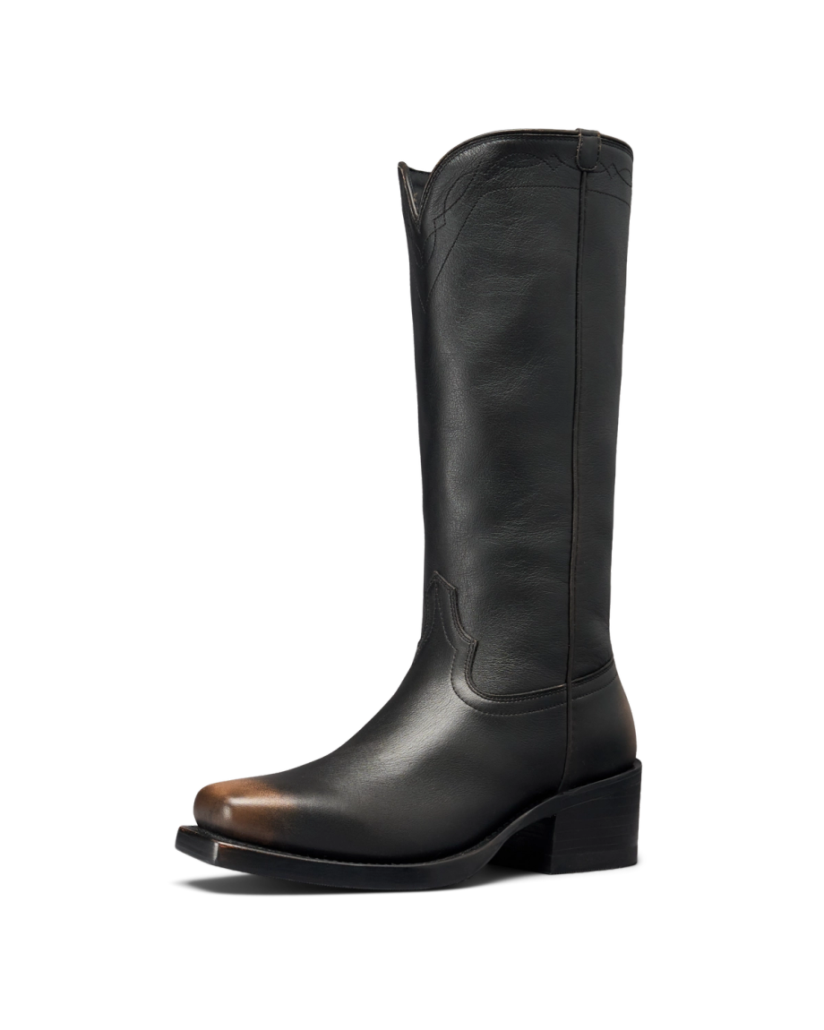 Quarterfront view of The Charlie - Midnight Cowhide on plain background