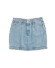 Front view of Women's High-Rise Denim Mini Skirt - Light Wash on plain background
