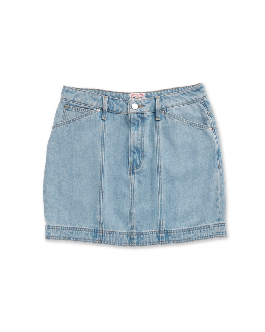 Front view of Women's High-Rise Denim Mini Skirt - Light Wash on plain background