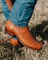 close up picture of Duke Pecan brown cowboy boots on a man's feet
