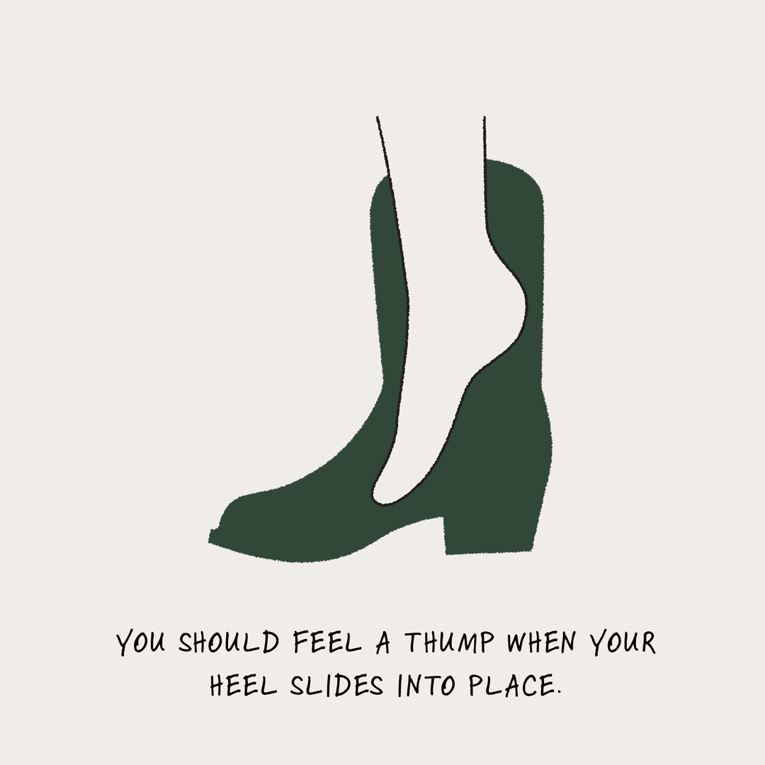 You should feel a thump when your heel slides into place. Toes should be comfortable. Boot should be snug around the foot. 