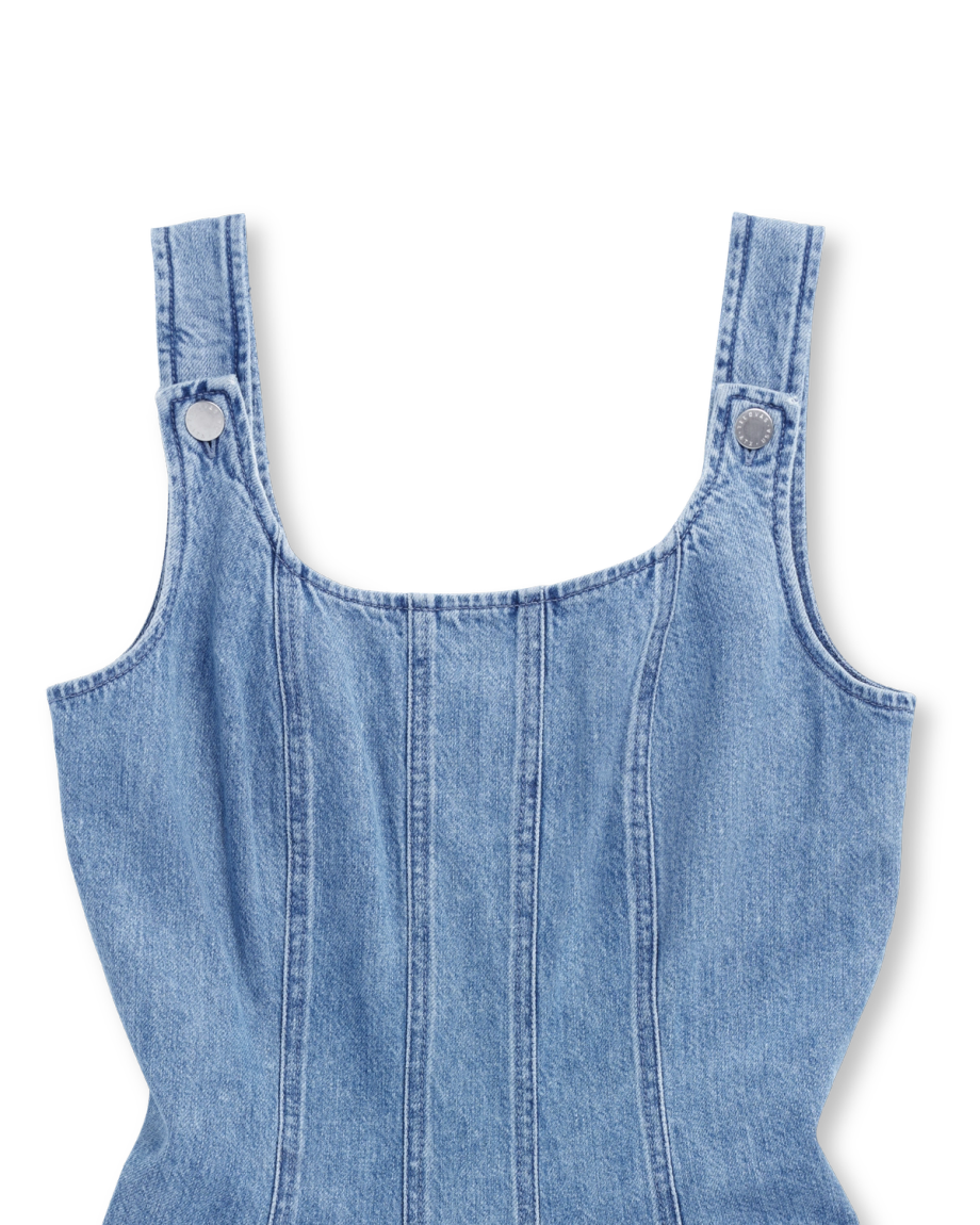 Closeup detail view of Women's Structured Mini Dress - Medium Wash