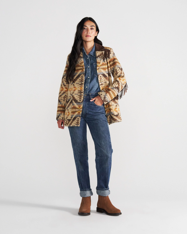Full view of The Chelsea Shearling - Bourbon Suede on model