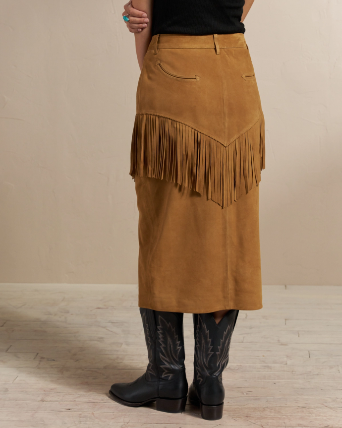 Closeup detail view of Women's Goat Suede Fringe Skirt - Tan