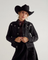 Front view of Women's Rodeo Concho Denim Jacket - Black on model