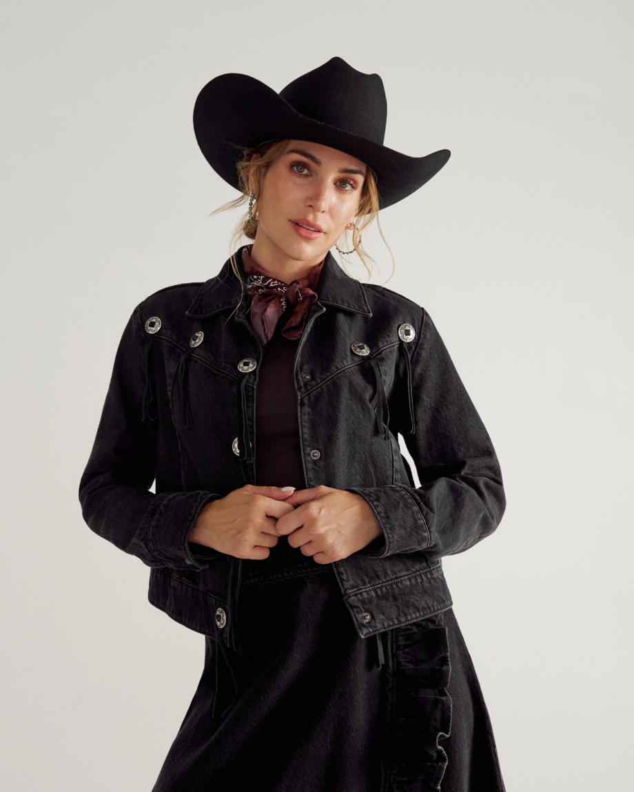 Front view of Women's Rodeo Concho Denim Jacket - Black on model