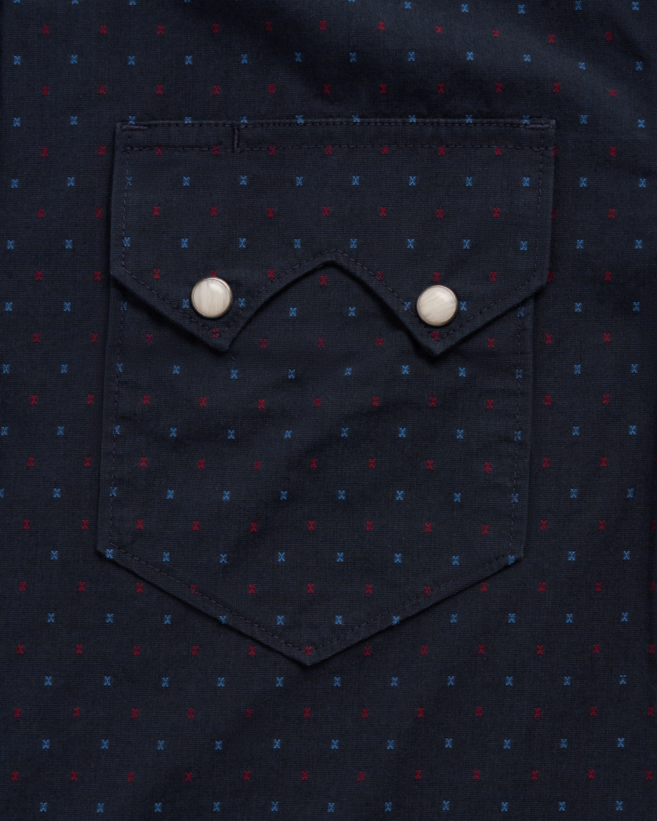 Closeup detail view of Men's Star Stitch Pearl Snap - Navy