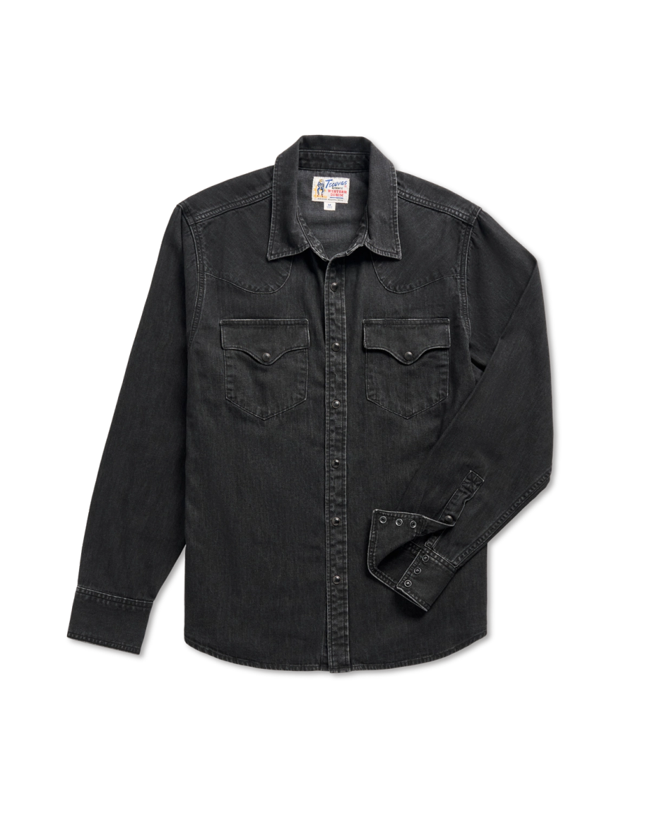 Long-sleeve black denim shirt with snap buttons and two chest pockets, laid flat on a white background.