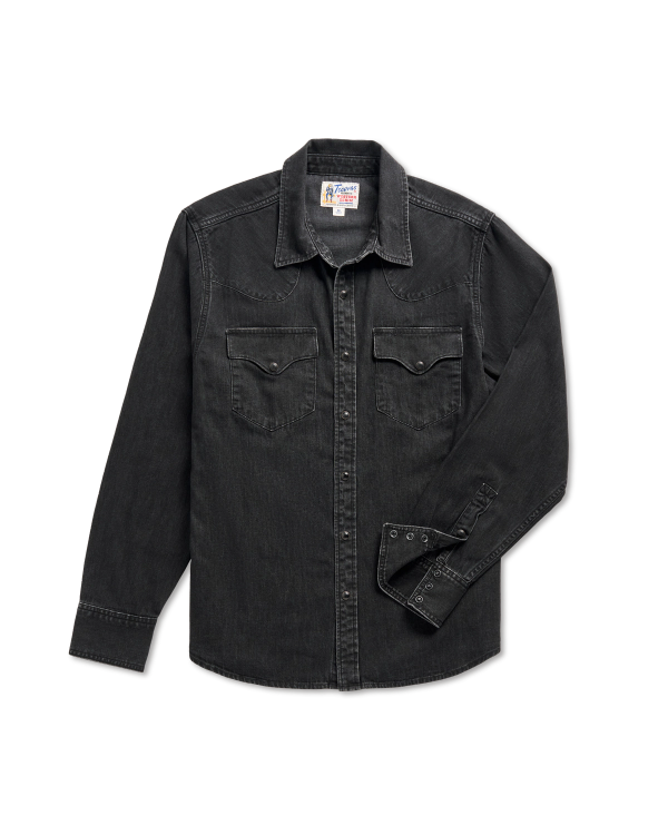 Long-sleeve black denim shirt with snap buttons and two chest pockets, laid flat on a white background.
