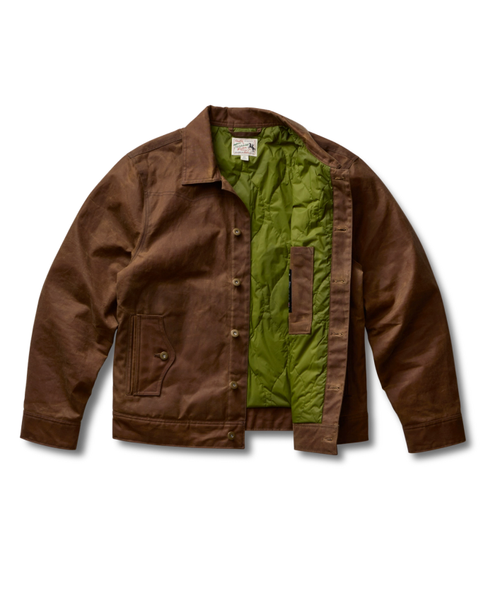 Front view of Buckaroo Waxed Canvas Trucker Jacket - Tobacco on plain background