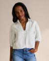 Front view of Women's Embroidered Double Gauze Top - White/Multi on model