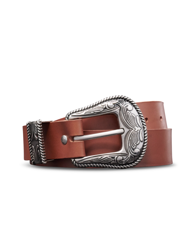 Unbuckled view of Women's Western 3 Piece Belt - Brown on plain background