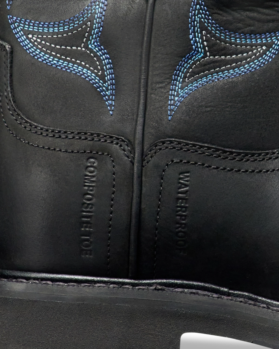 Toe view of The LH WP Round Comp Toe Work Boot - Midnight Cowhide on plain background