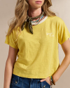 Woman wearing the Women's Vintage Ringer Tee in the color Golden Yellow/Tan